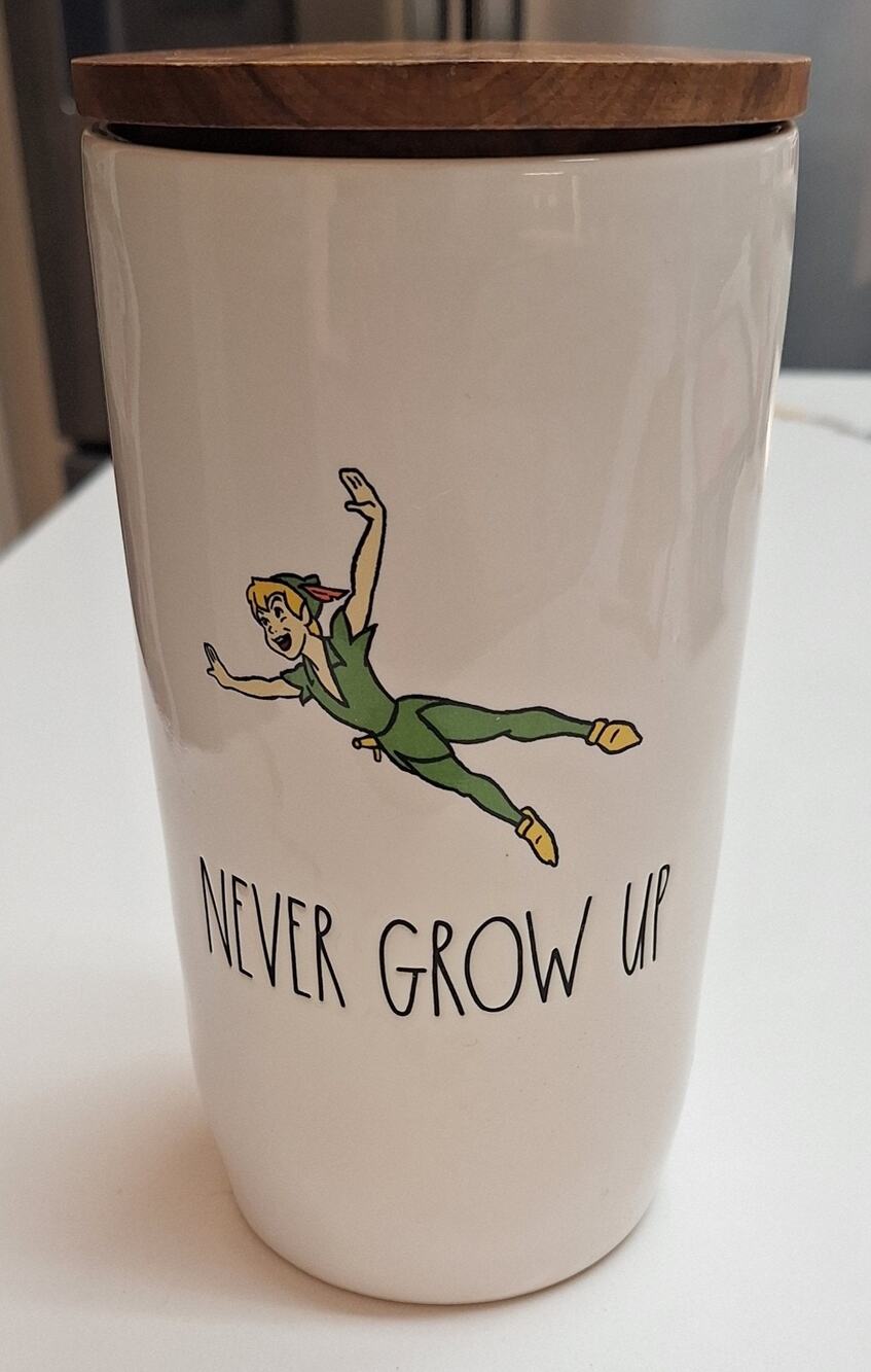 Disney Rae Dunn - Peter Pan " Never Grow Up" Ceramic Jar With Did